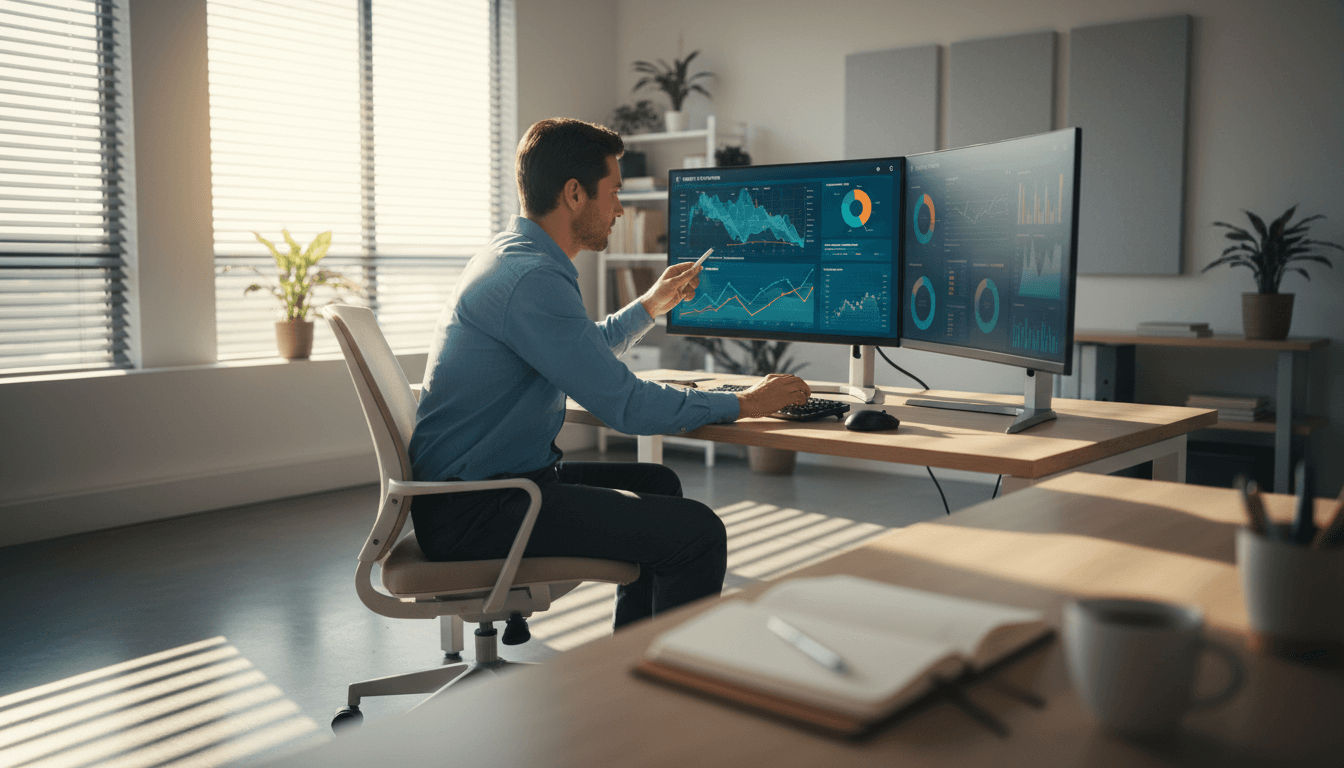 Professional reviewing data analytics on desktop monitors in a bright Boston office